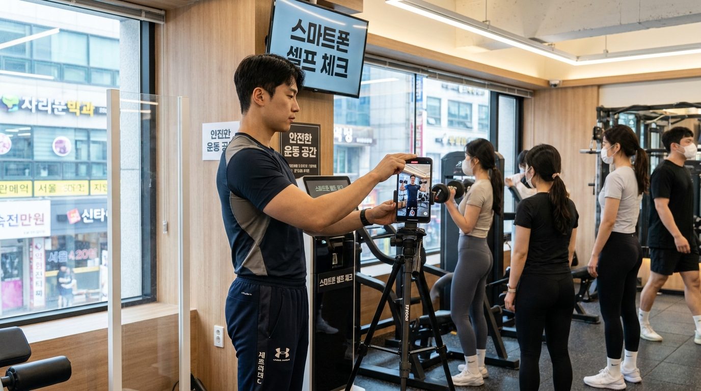 스마트폰으로 덤벨 숄더 프레스 자세를 촬영하며 셀프 체크하는 한국인 남성의 모습 실사 이미지