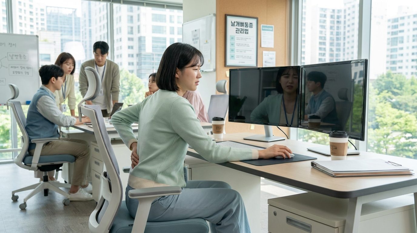 컴퓨터 앞에서 일하는 한국 사무직 근로자가 약간 구부정한 자세로 앉아 날개뼈 통증을 느끼는 모습
