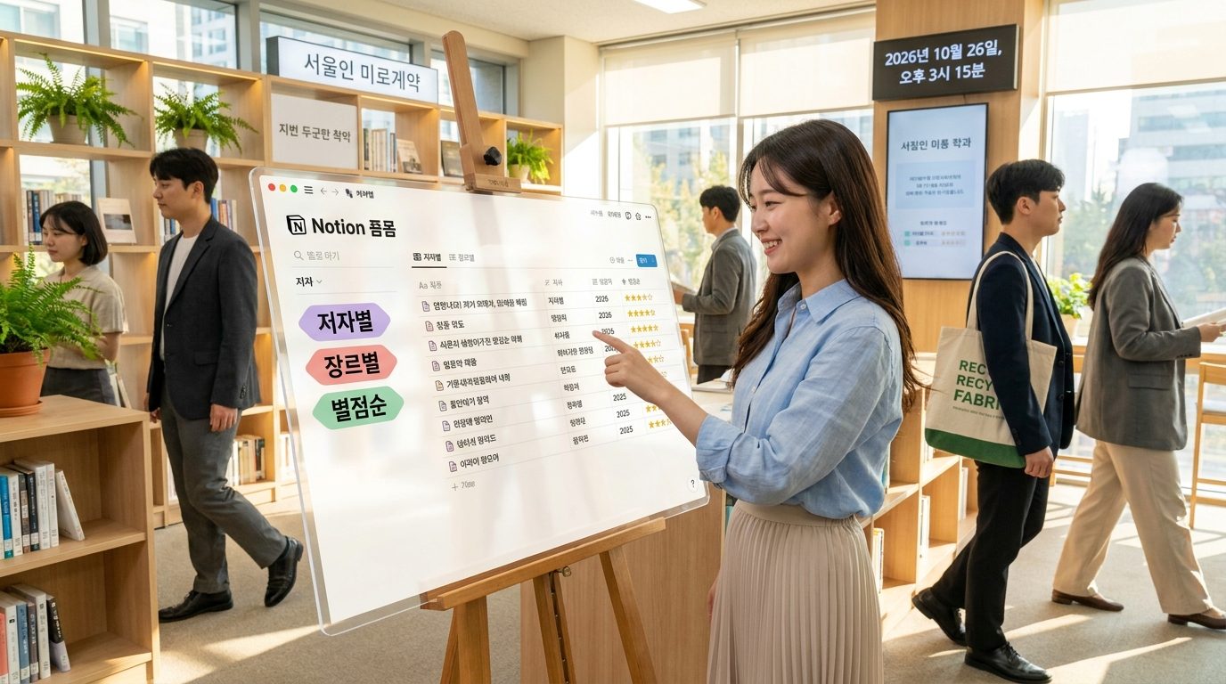 젊은 한국 여성 독서 모임 참석자가 노션 데이터베이스의 다양한 속성을 활용해 책을 정리하는 모습