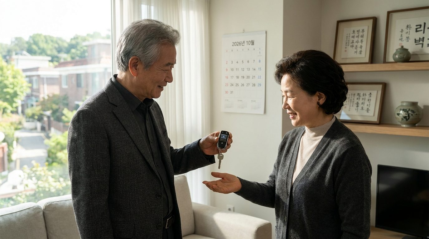 운전면허 반납 혜택: 운전을 포기하는 결정을 상징적으로 나타내는 따뜻한 표정의 노부부, 한국 가정의 밝고 아늑한 거실 모습