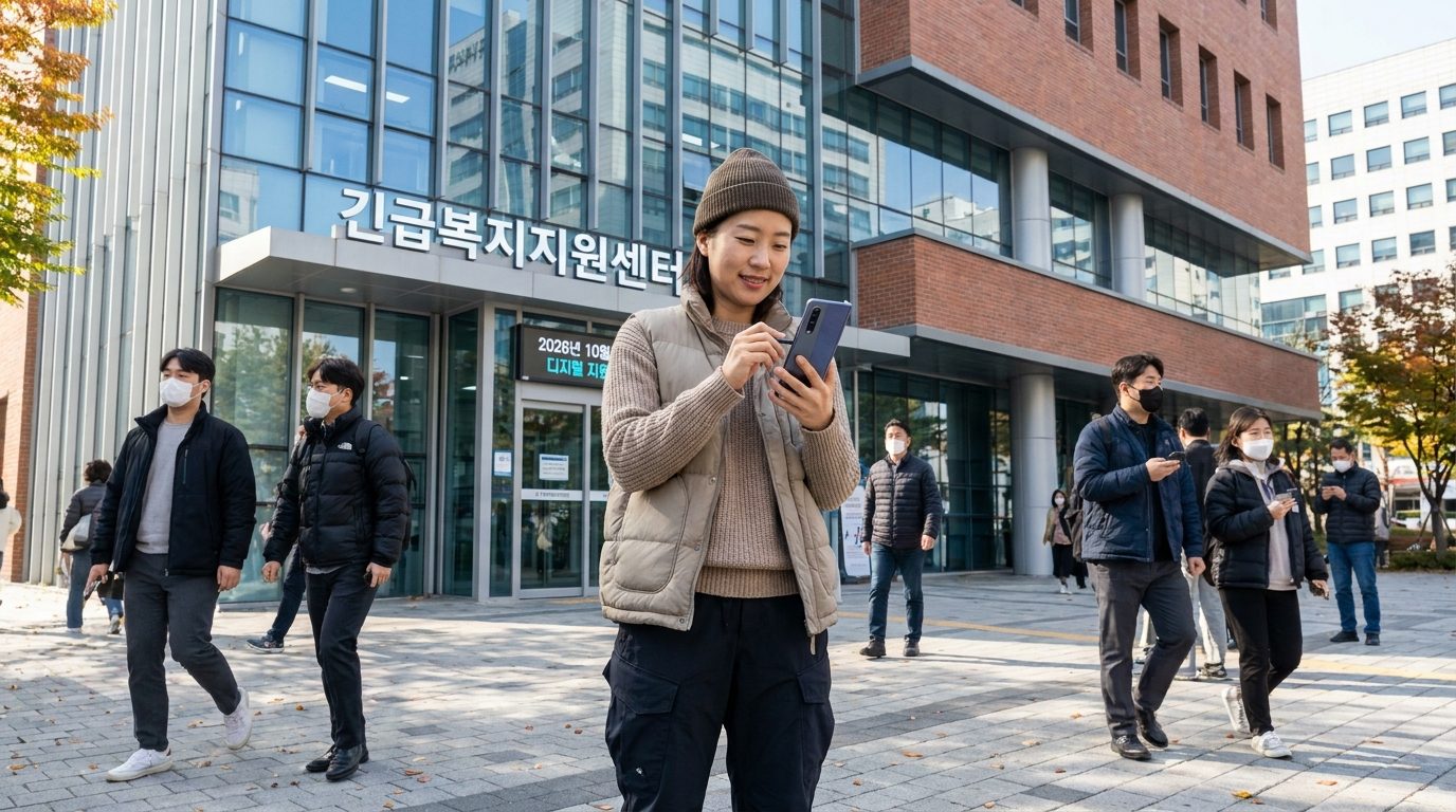 초가을 복장으로 정부 긴급복지지원센터 앞에서 스마트폰으로 서류를 준비하는 한국인