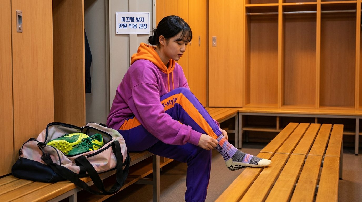 풋살 경기 전 미끄럼 방지 기능이 있는 스포츠 양말을 신는 여성 선수의 모습