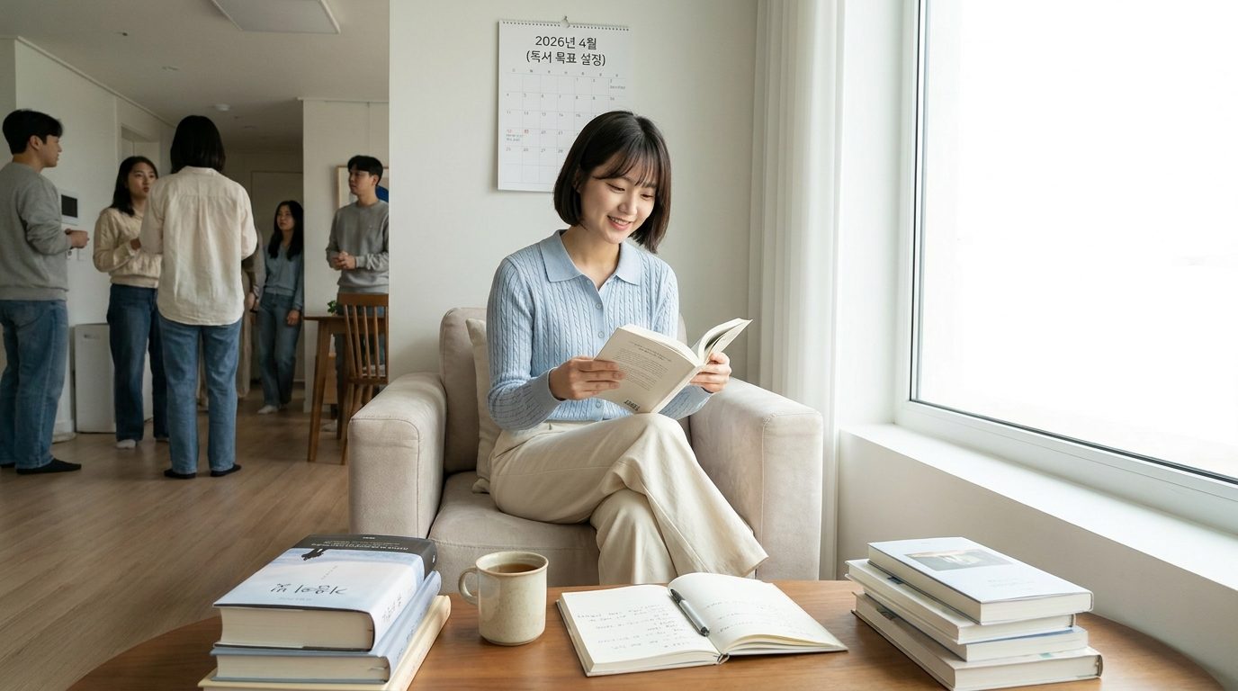 따뜻한 자연광이 드는 아늑한 거실에서 편안하게 앉아 독서 목표를 생각하는 밝은 표정의 한국 여성의 모습