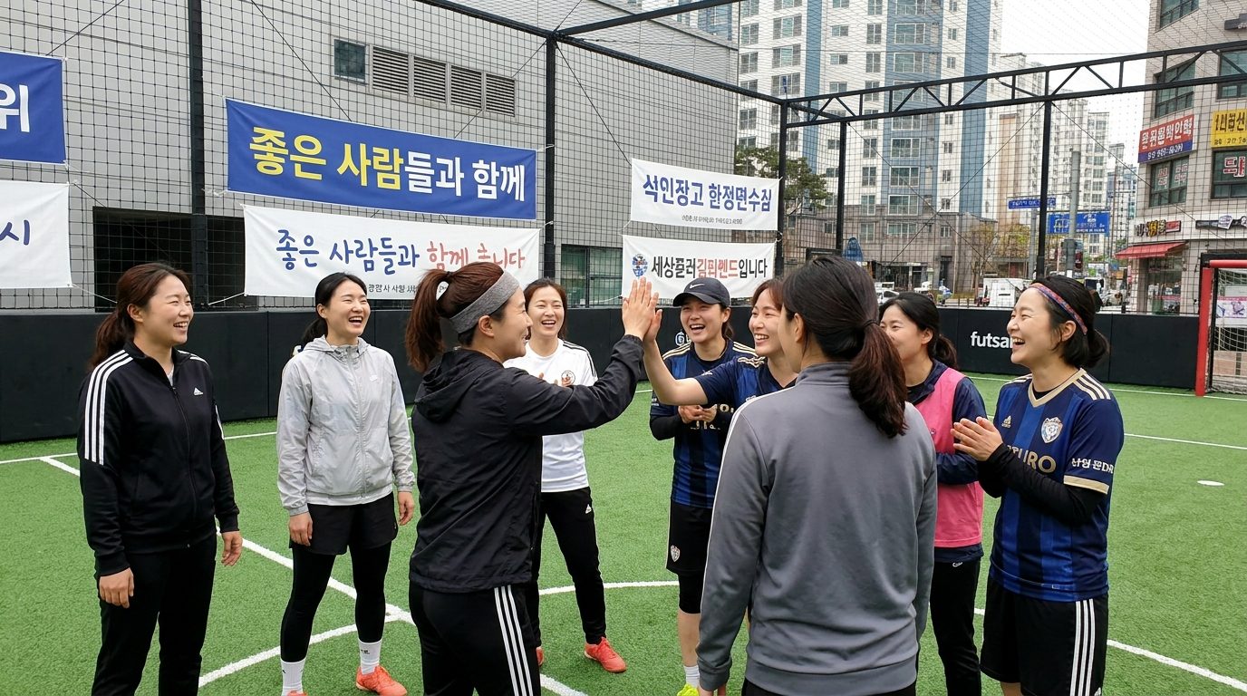풋살 경기 후 함께 웃으며 기뻐하는 한국 여성들