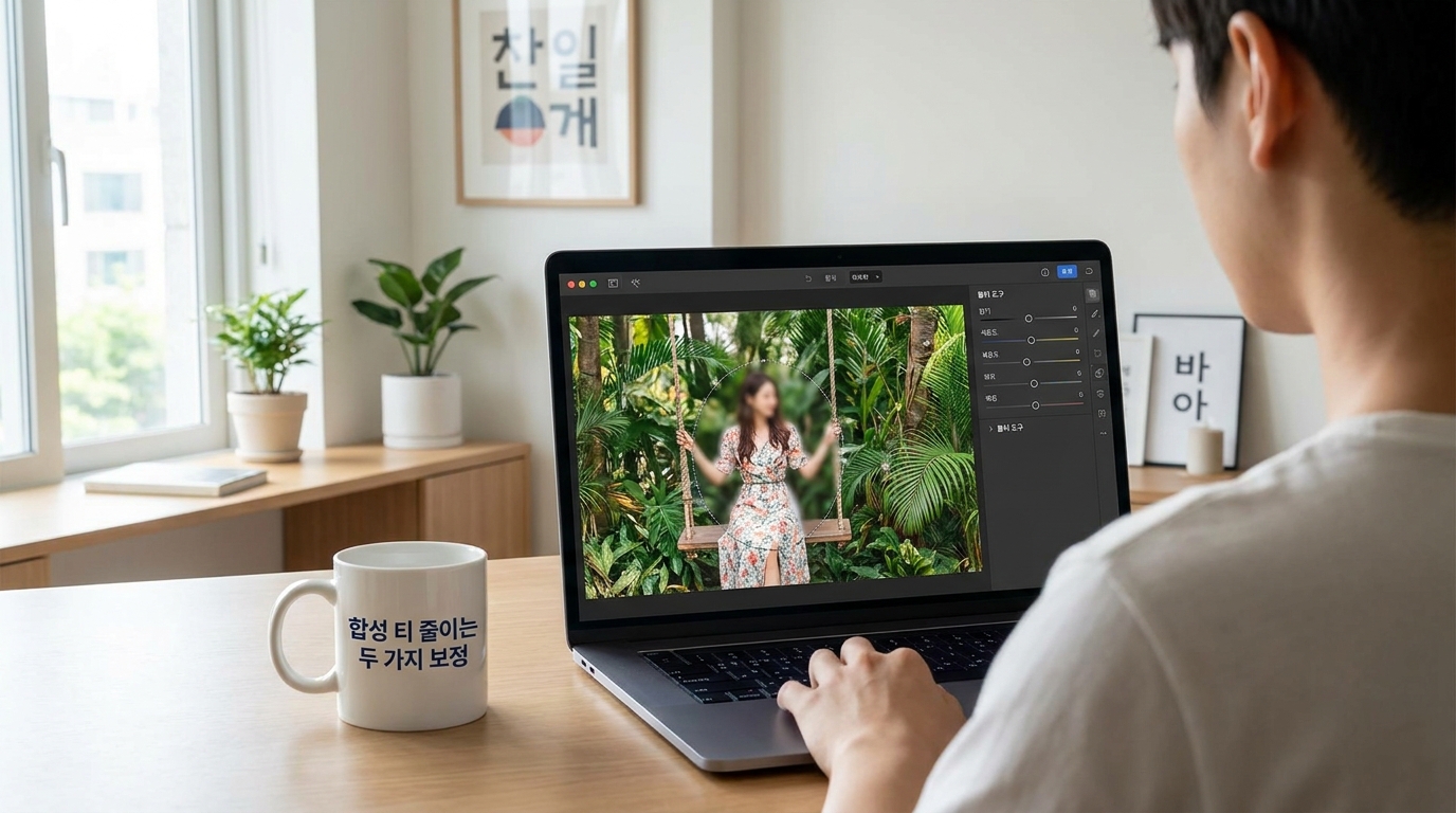 AI 이미지 편집기에서 빛과 경계선 보정 작업 중인 컴퓨터 화면과 커피잔이 있는 작업 공간 실사 사진