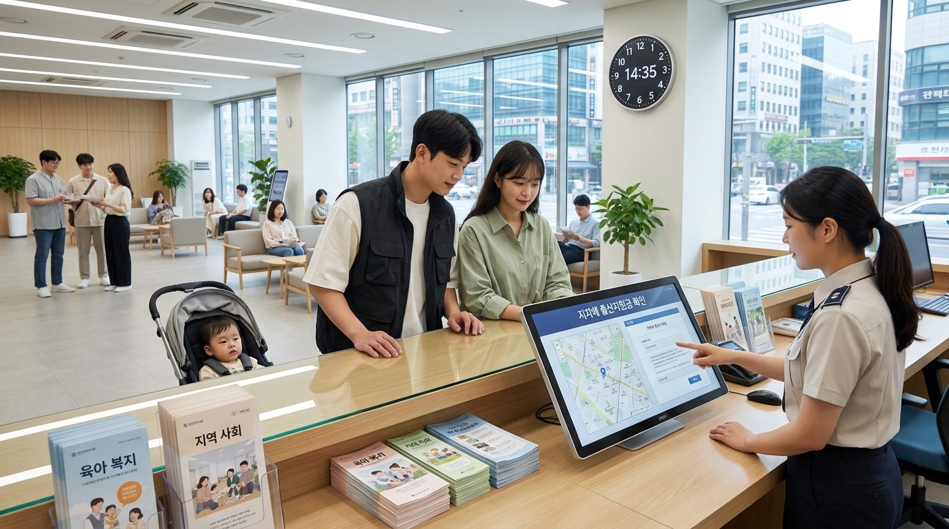 현대식 한국 지자체 사무실에서 출산지원금 상담을 받는 가족들 모습