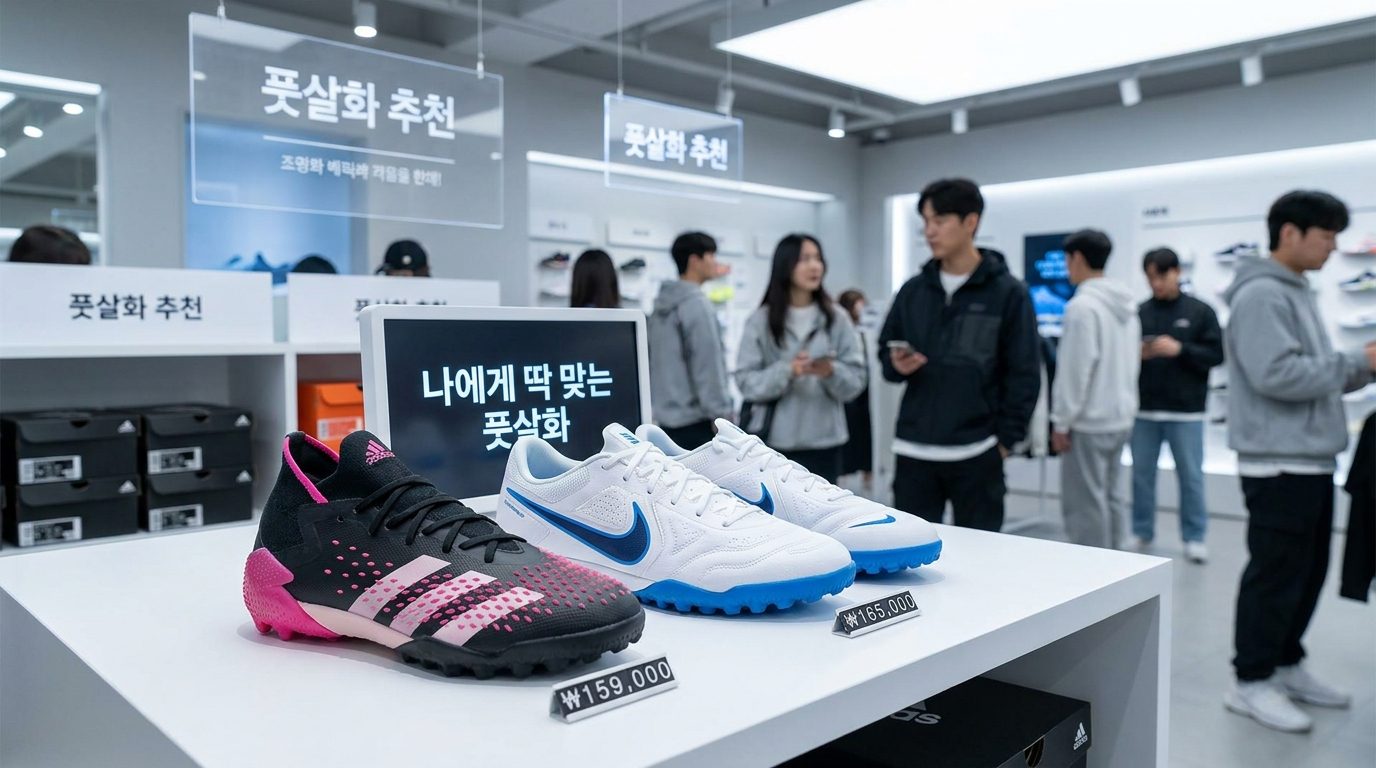 아디다스와 나이키 여성 풋살화 클로즈업과 한국어 안내문이 있는 한국 스포츠 신발 매장 내부