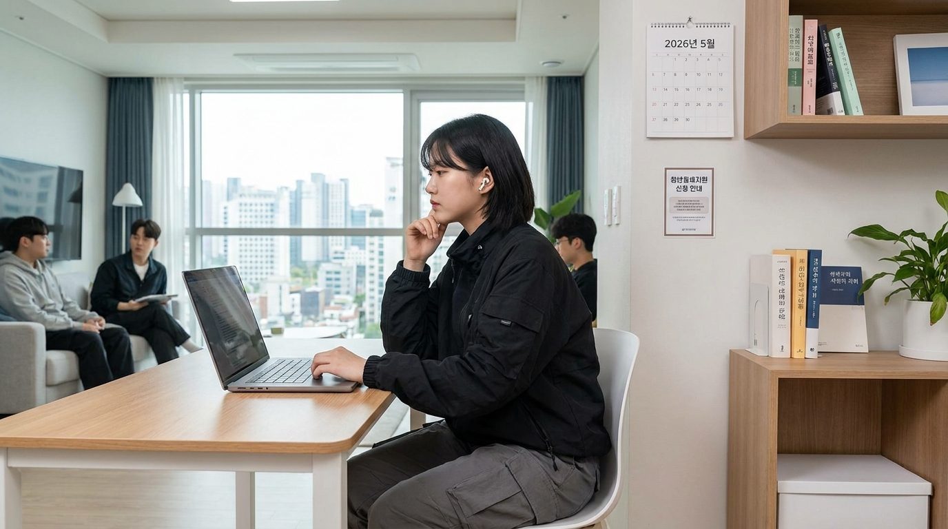 대학원생 월세지원: 현대적인 아파트에서 노트북을 보며 고민하는 젊은 한국 대학원생의 실사 이미지