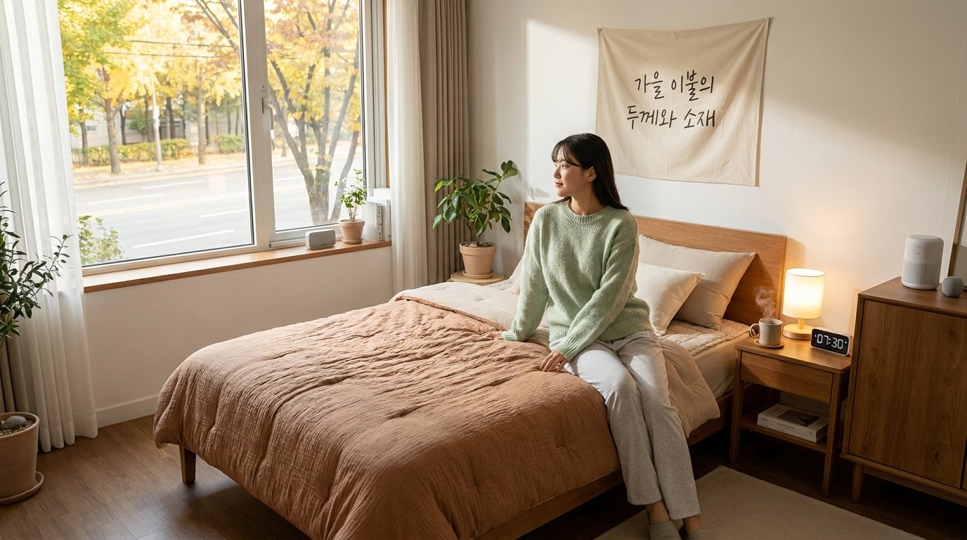 가을 초입에 부드럽고 통기성 좋은 중간 두께의 이불과 함께 아침 햇살을 받으며 창밖을 바라보는 편안한 표정의 한국 여성 모습