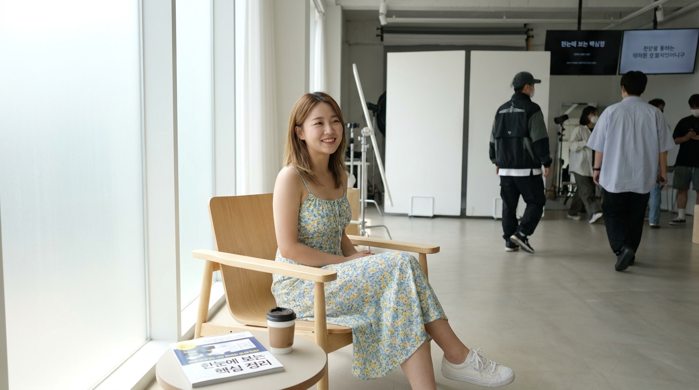 의자에 자연스럽게 앉아 있는 젊은 여성의 밝고 따뜻한 실사 사진, 주변에 여백과 심플한 배경이 있는 모습