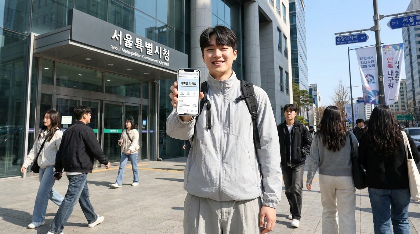 한국 시청 앞에서 스마트폰으로 대학생 지원금 정보 화면을 확인하는 2026년형 대학생