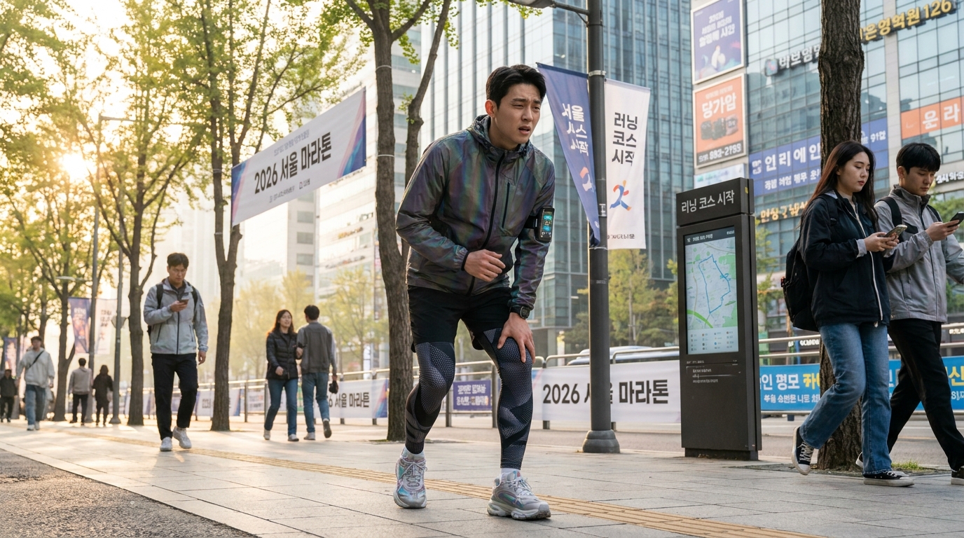 아침 햇살 아래 도시 공원에서 달리기를 하며 무릎에 약간의 불편함을 느끼는 한국인 러너의 모습