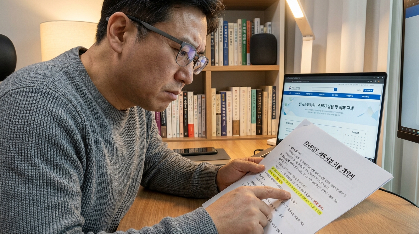 집에서 헬스장 계약서의 환불 불가 문구를 집중해서 읽는 한국 남성의 모습
