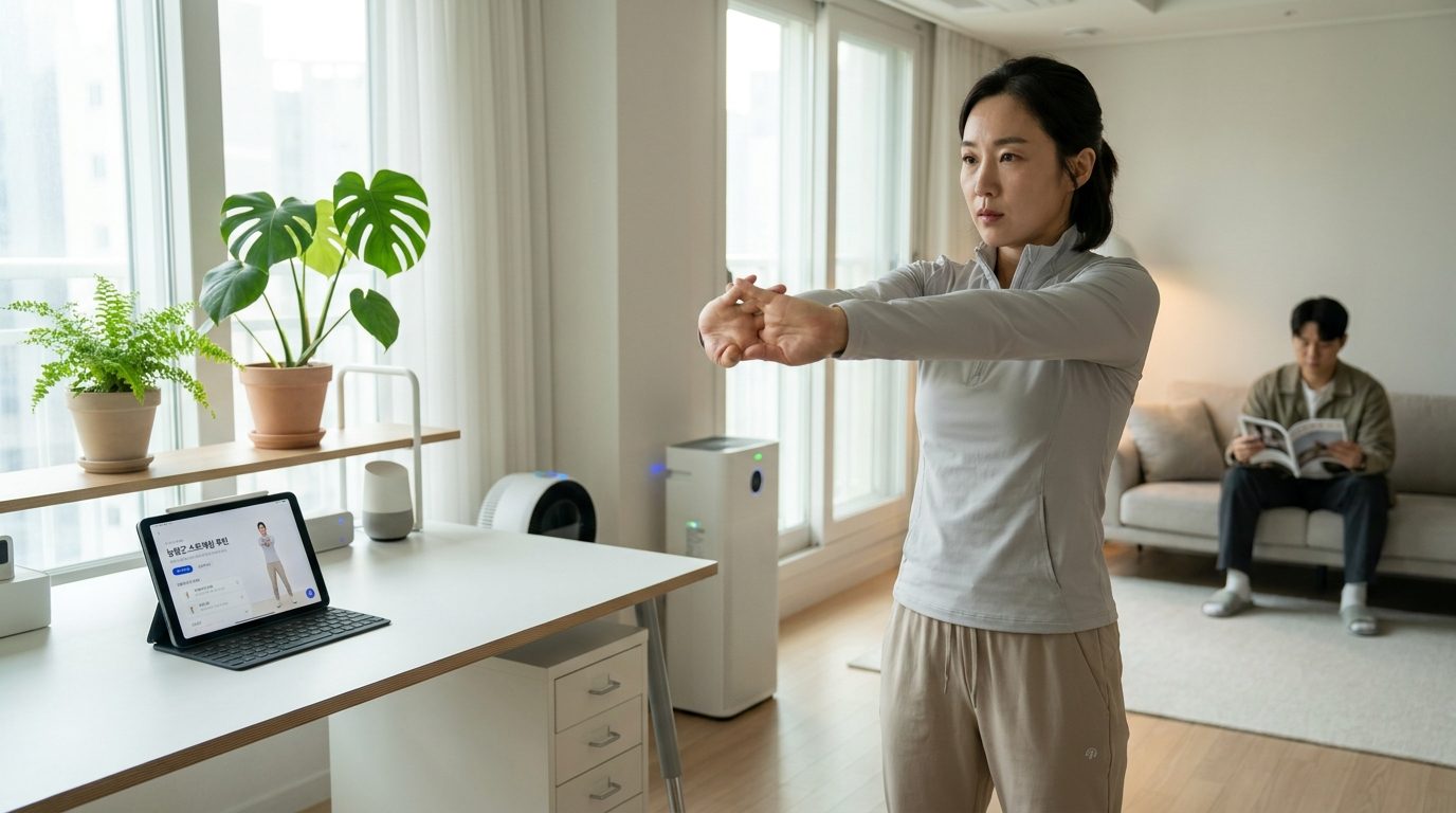 능형근 스트레칭을 하고 있는 한국인과 현대적인 집무실 내부