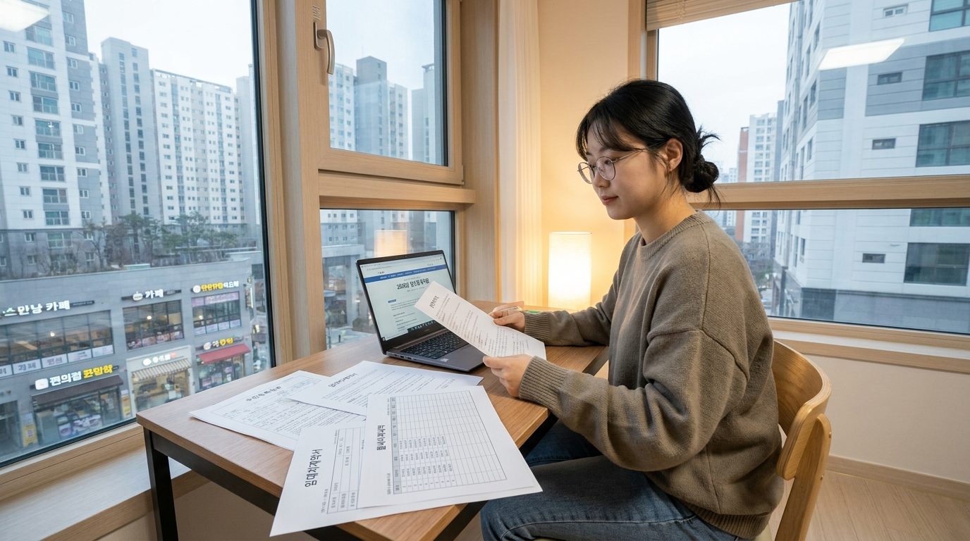 청년월세지원 신청 서류를 준비하는 한국 대학원생 모습의 실사 이미지 뷰