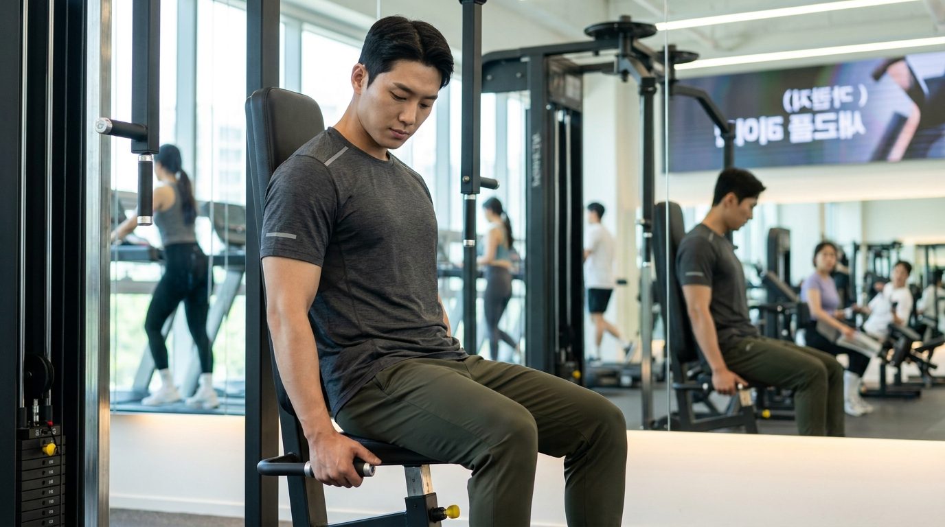 펙덱플라이 자세, 현대적인 한국 헬스장에서 펙덱플라이 머신의 의자 높이를 조절하는 한국인 남성의 모습