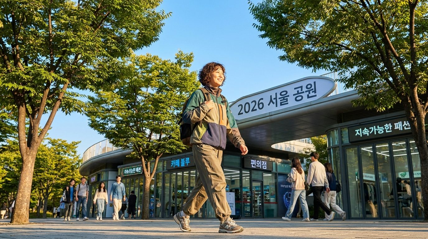 아침 햇살이 비치는 현대적인 도시 공원에서 활기차게 걷고 있는 밝은 캐주얼 복장의 한국인 30대 남녀의 모습