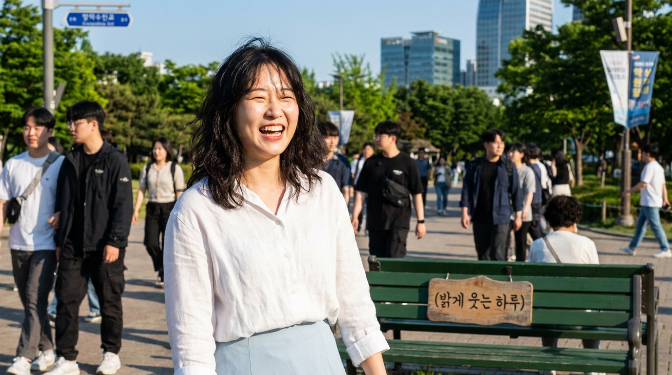 밝은 자연광 아래 공원에서 자연스럽게 웃고 있는 젊은 한국 여성