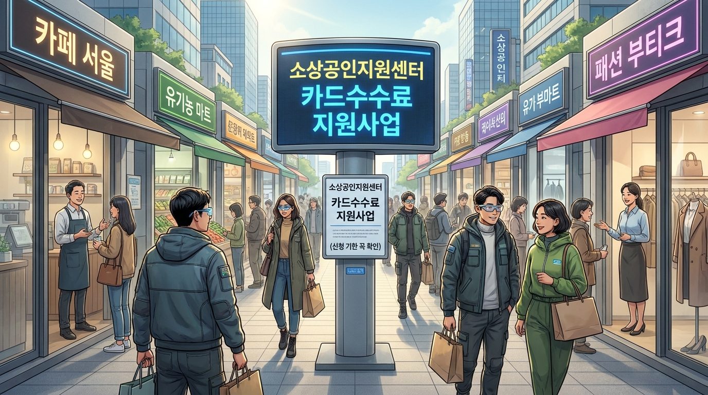 2026년 한국의 상점가에서 소상공인을 위한 카드수수료 지원사업 안내문이 전자 게시판에 표시된 모습.