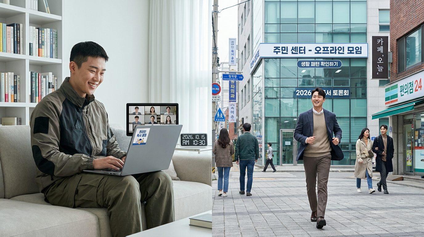 온라인과 오프라인 독서모임 참여자들의 생활 패턴과 이동 여건을 대비하는 장면, 각각 집과 커뮤니티 센터를 배경으로 한 한국인 모습