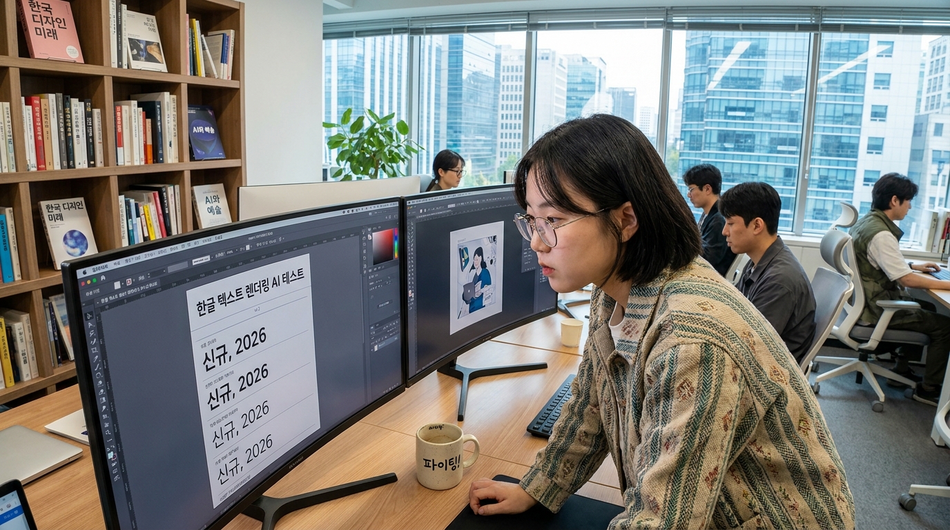 현대 한국 사무실에서 전문 한글 텍스트 렌더링 AI 소프트웨어를 사용하는 그래픽 디자이너 모습