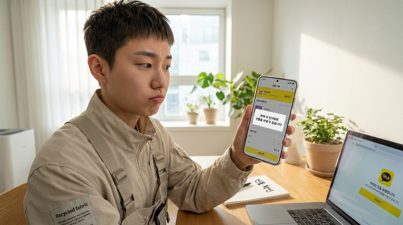 카카오톡 선물하기에서 선물 불가 메시지를 확인하는 젊은 한국인