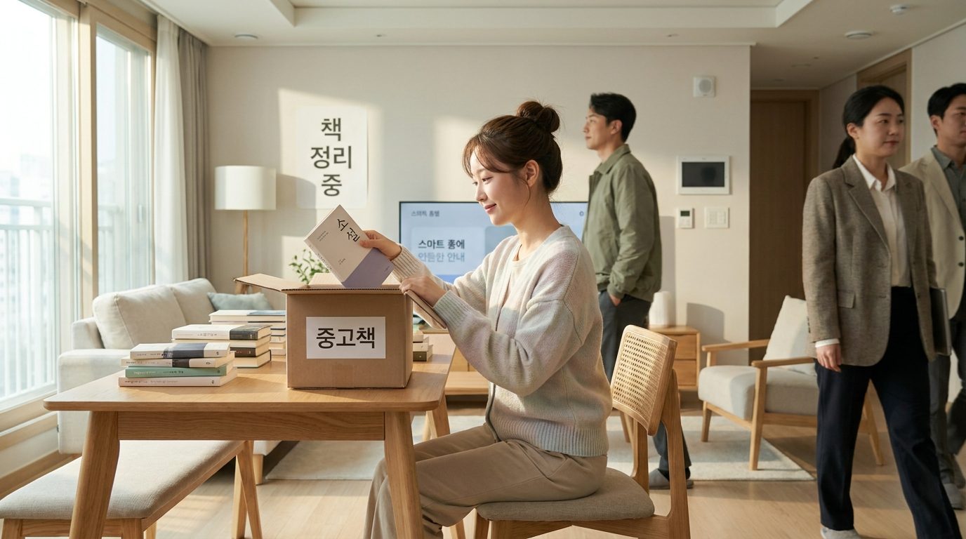 여성이 집에서 책을 정리하며 중고책 판매를 준비하는 모습