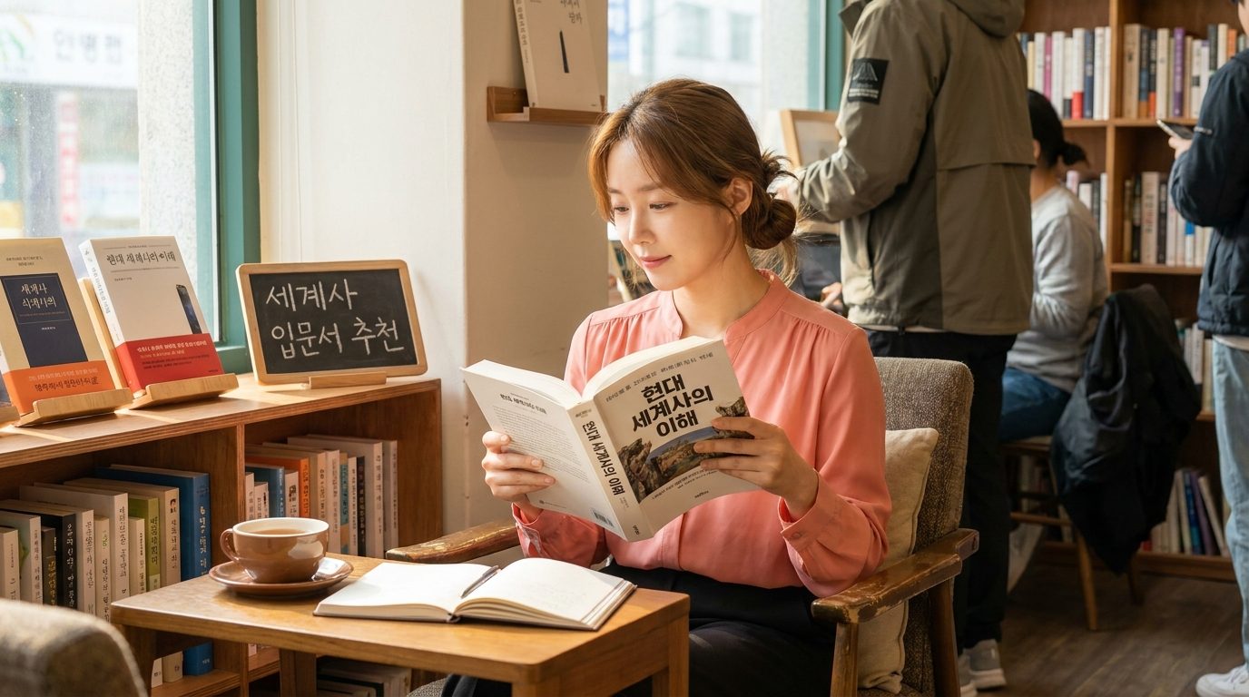 편안하고 따뜻한 서점 코너에서 세계사 입문서를 살펴보는 여성의 모습