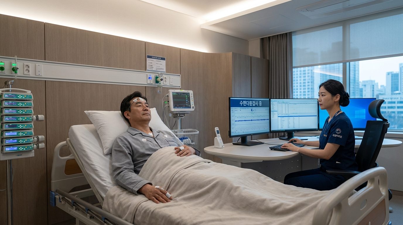 한국 병원에서 수면다원검사를 받는 중년 한국인 환자와 의료진 모습