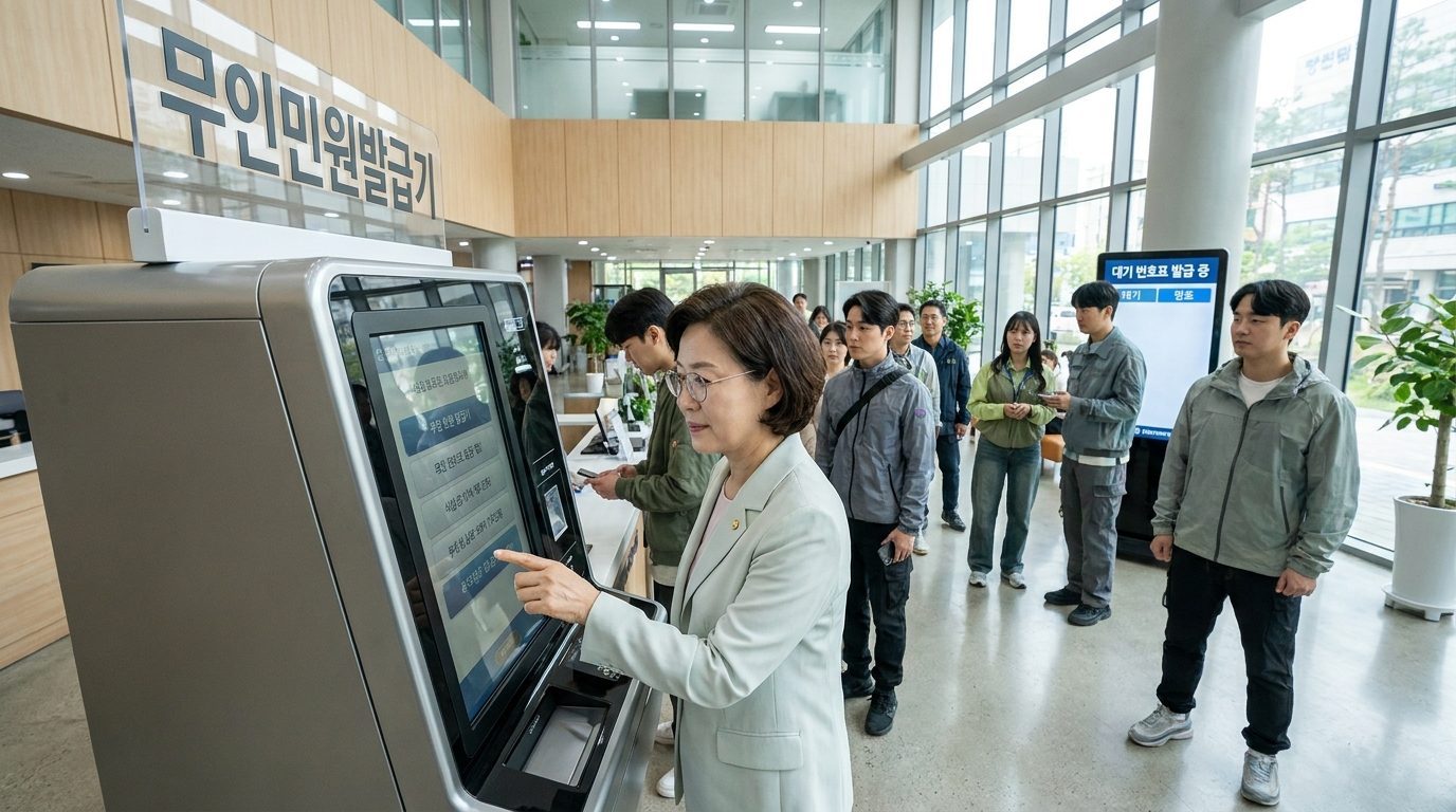 현대적인 무인 민원 발급기 앞에서 화면을 조작하는 한국 중년 여성과 주변 모습, 세련되고 밝은 주민센터 내부 전경