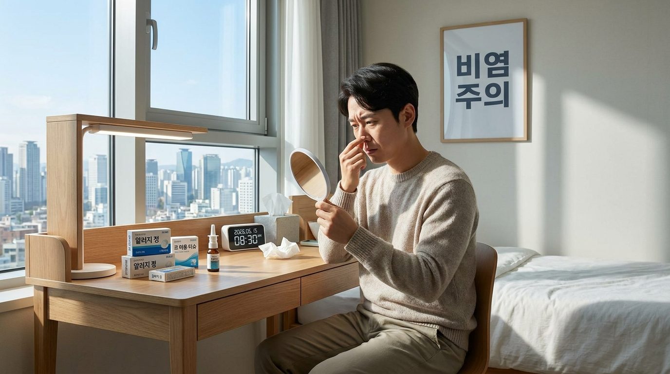 비염으로 코막힘 때문에 걱정하는 한국인 성인의 실내 모습