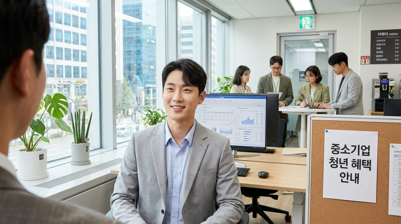 중소기업에서 근무하는 밝고 자신감 있는 젊은 한국인 직원의 모습, 현대적인 사무실 환경과 한국어 안내문이 포함됨