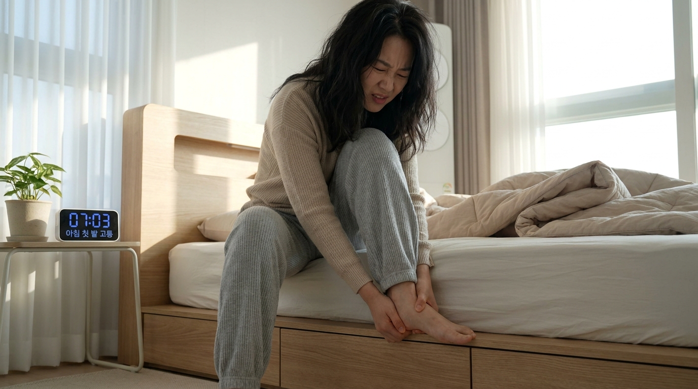 아침에 침대에서 발 뒤꿈치를 잡으며 고통스러워하는 한국 여성의 모습