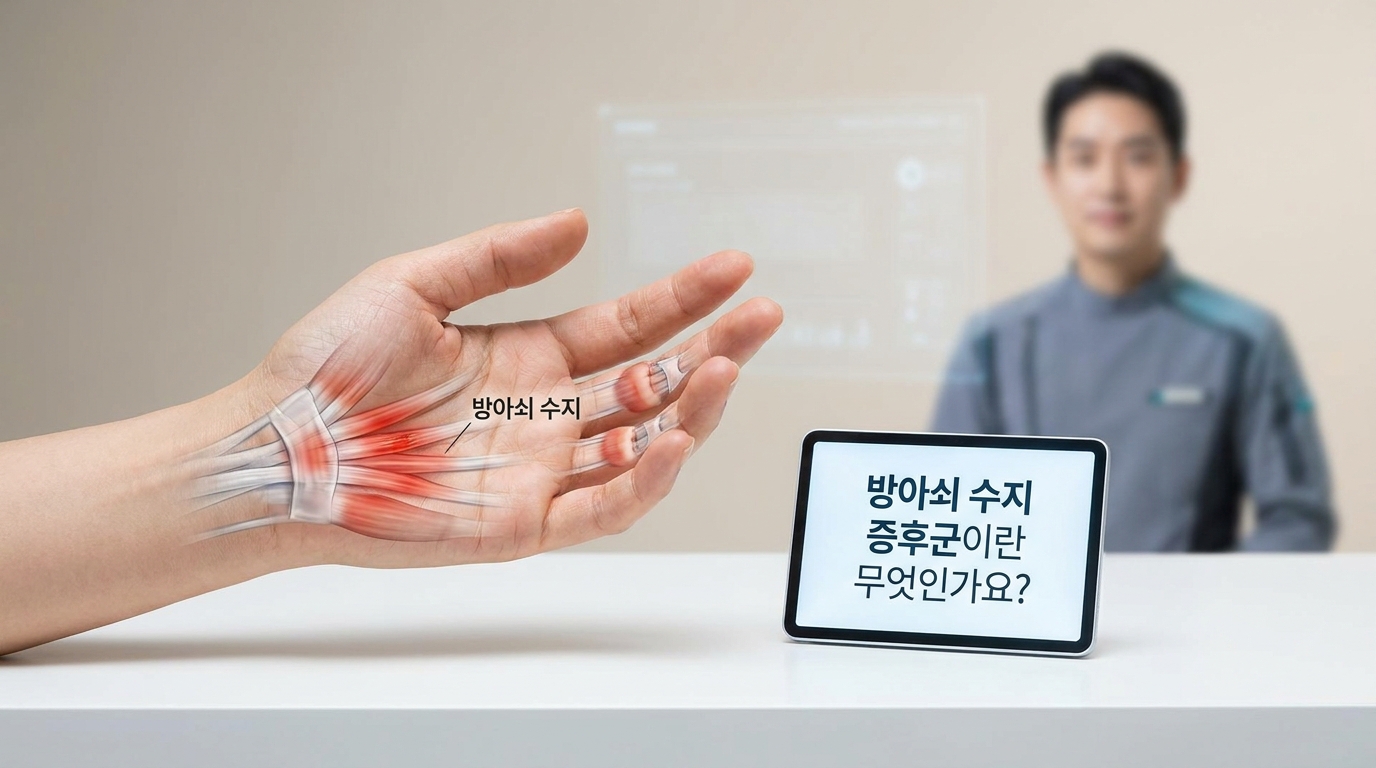 방아쇠 수지 증후군 환자의 손가락 힘줄 해부학적 구조를 보여주는 의료 일러스트 스타일 이미지