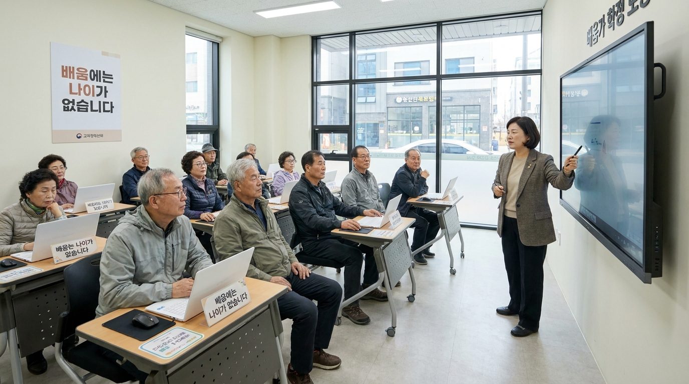 현대적인 한국 학습 센터에서 컴퓨터 수업에 참여한 60대 한국 노년 학생들과 강사 모습