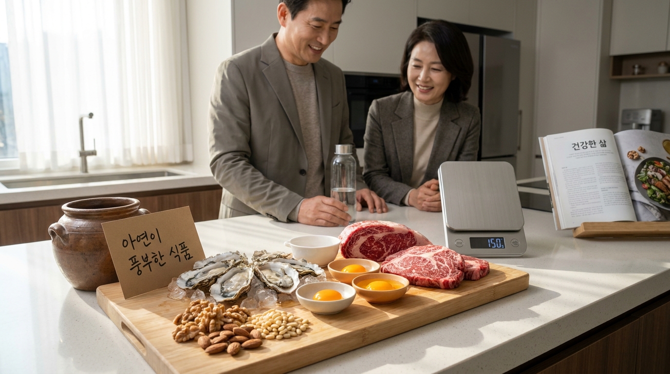 아연 풍부한 음식 재료들이 놓인 한국 주방 조리대 사진