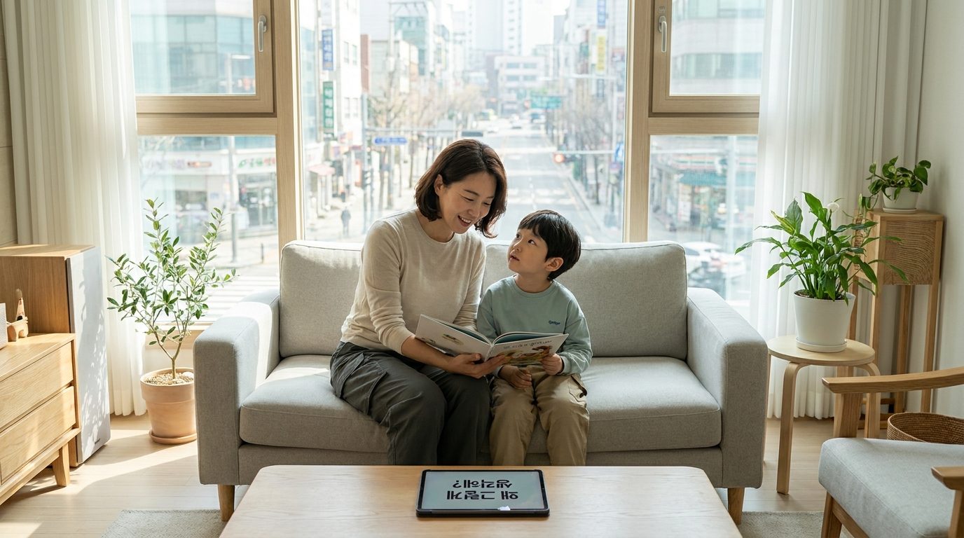 부모가 아이와 함께 대화를 나누는 따뜻한 순간