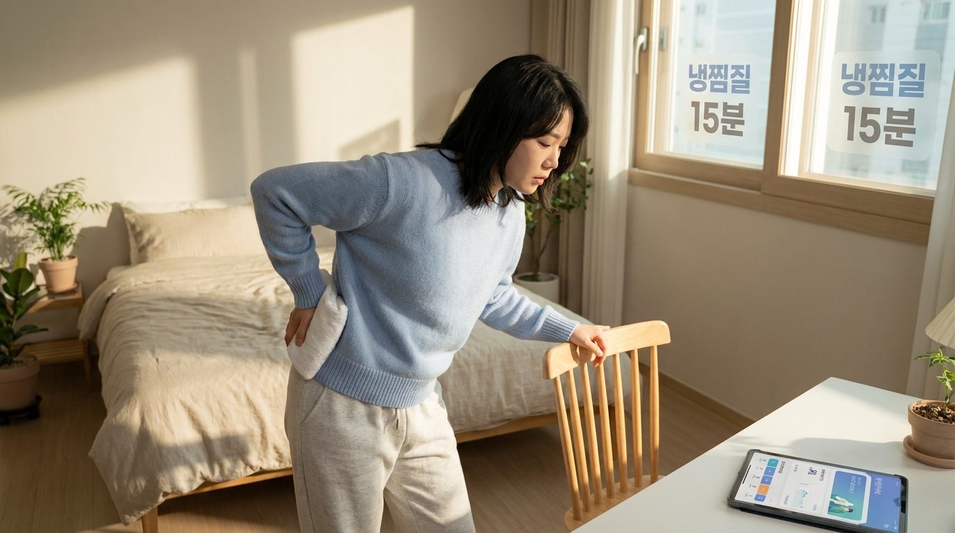 냉찜질을 허리에 적용하는 한국인 일상 모습, 깨끗한 침실에서 찜질법 강조 이미지