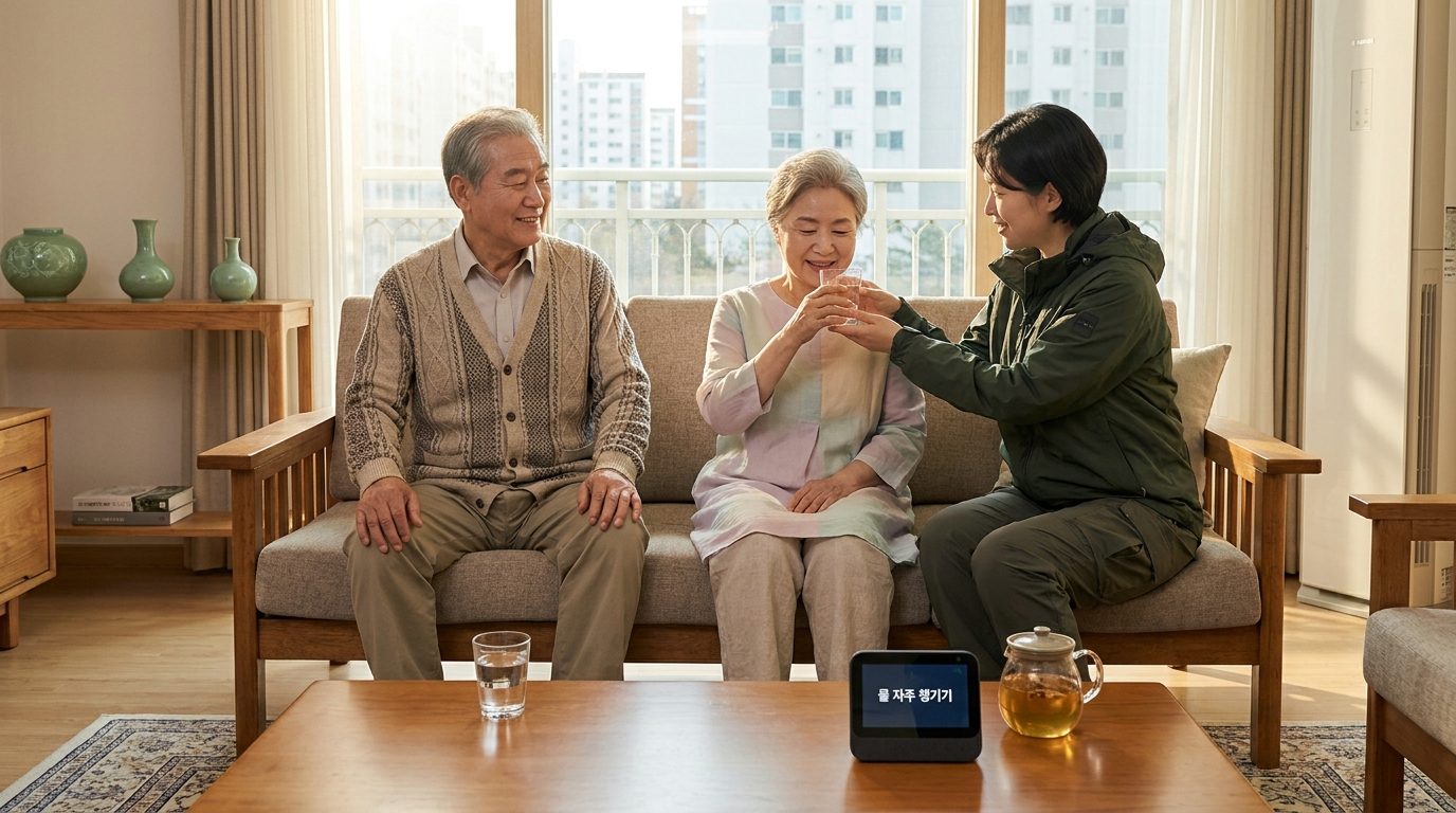 부모님 폭염 건강, 노년의 한국인 부부가 집에서 물을 자주 마시도록 돌봄 서비스와 함께하는 장면