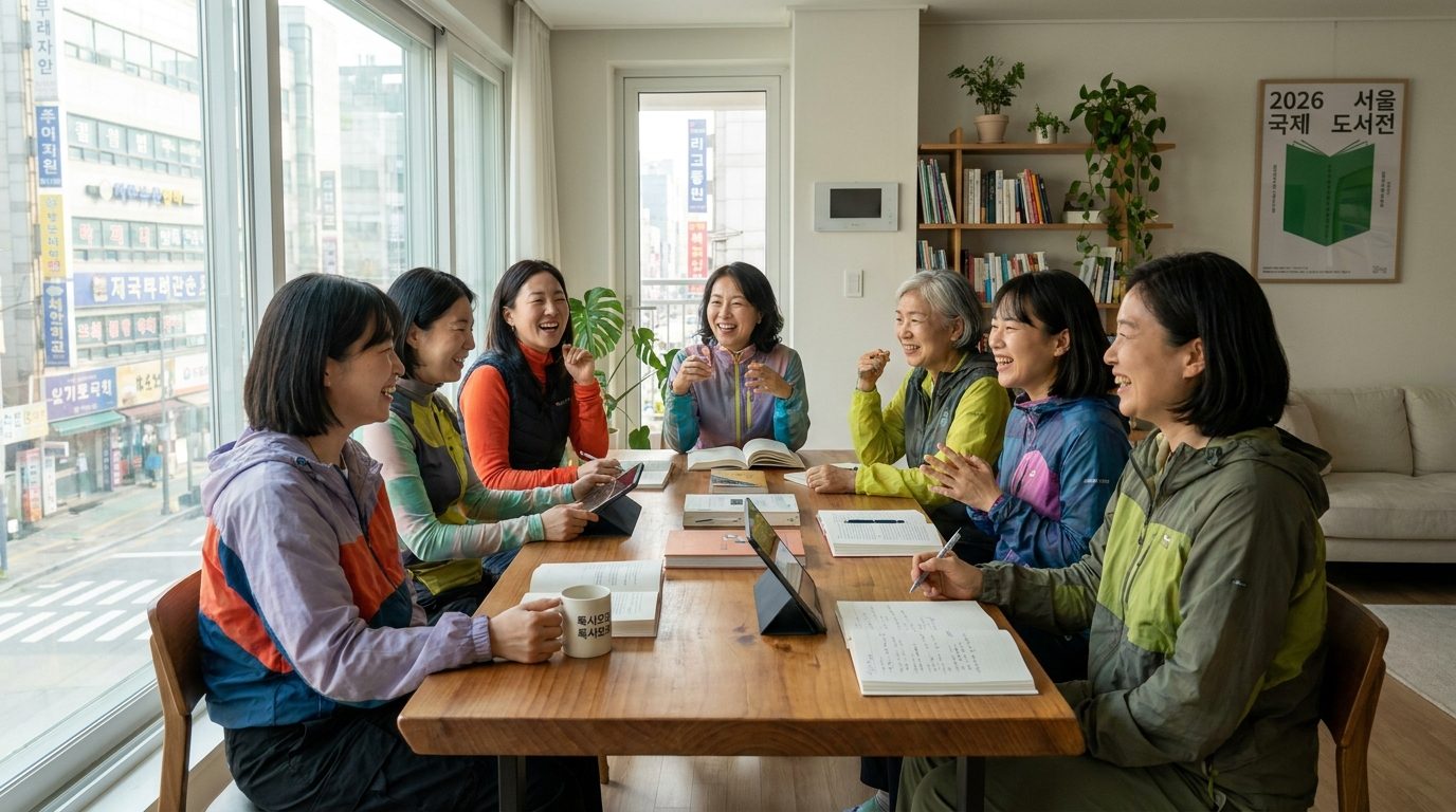 독서토론화법: 따뜻한 자연광 아래 현대적인 한국 거실에서 다양한 컬러 캐주얼 복장을 입은 여성들이 독서모임을 즐기며 활발하게 토론하는 모습