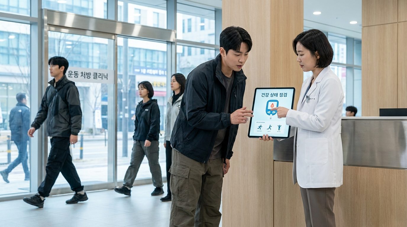 현대 한국 병원에서 건강 상태 점검을 받는 운동 선수와 의료진 모습