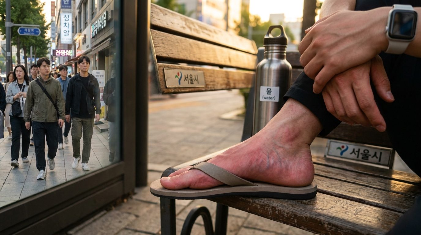 발바닥 화끈거림 원인, 더위로 인해 혈관이 확장되어 화끈거리는 발바닥을 클로즈업한 고화질 실사 이미지