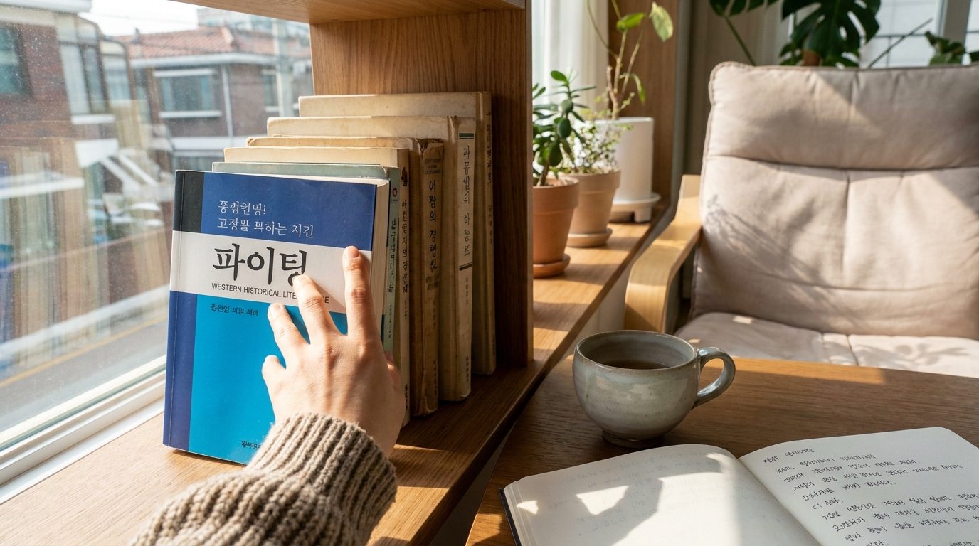 한국 가정의 아늑한 독서 공간에서 자연광 아래 서양 역사 책을 읽는 한국인 모습