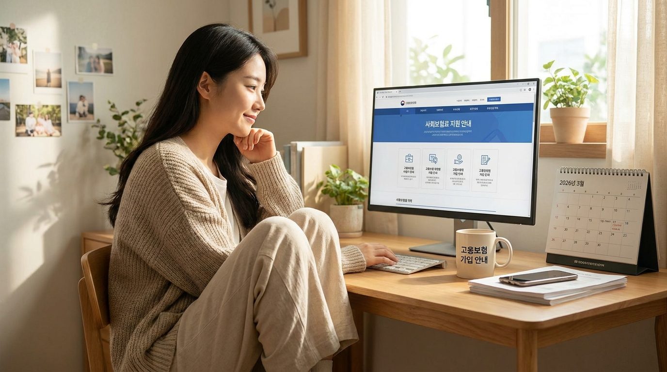 따뜻한 햇빛 아래 집무실에서 사회보험료 지원 문서를 확인하는 젊은 1인 사업자