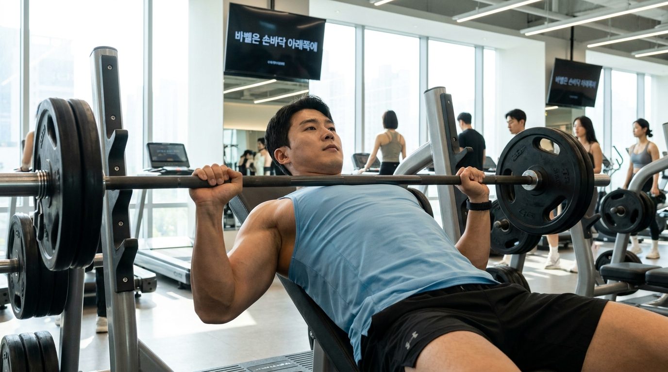 밝고 현대적인 한국 체육관에서 손목을 곧게 편 채 바벨을 잡고 벤치프레스를 하고 있는 한국인 남성의 모습