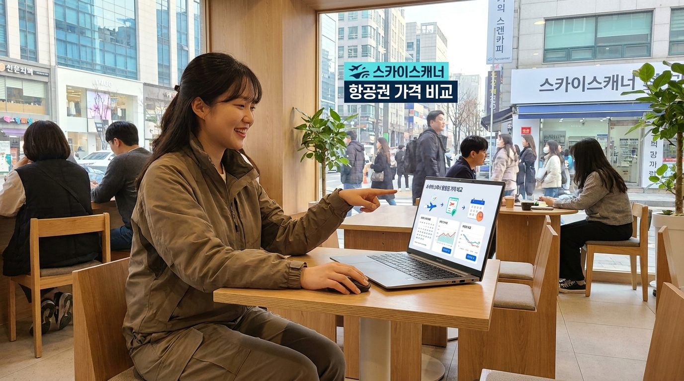 항공권 최저가 예매 방법: 카페에서 스카이스캐너 항공권 가격 비교 사이트를 사용하는 스타일리시한 젊은 한국 여성 여행객의 모습