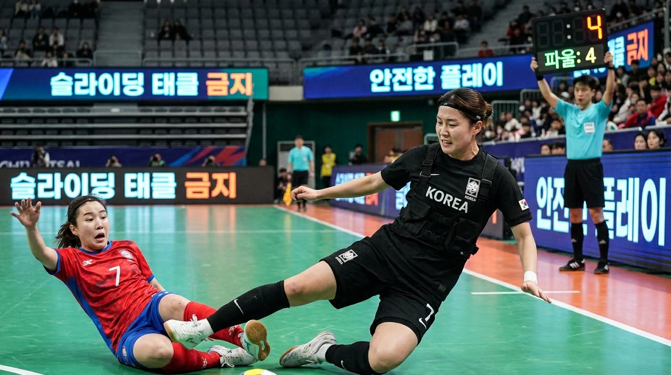 대한민국 실내 풋살 경기장에서 선수가 슬라이딩 태클을 시도하다 반칙을 범하는 장면을 보여주는 사실적인 액션 사진이다. 배경에는 슬라이딩 태클 금지라는 한국어 안내 문구가 보인다.