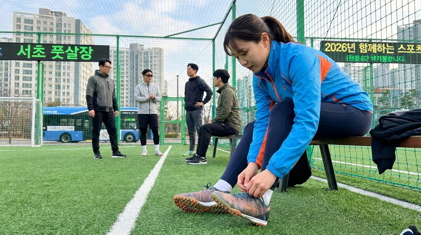 실내외 여자 풋살화 추천: 인조잔디 구장에서 인조잔디용 터프화를 신는 여성 풋살 선수 모습
