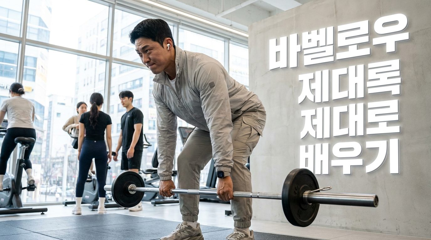 바벨로우 자세를 정확히 취하며 운동 중인 한국인 남성 운동선수의 실사 이미지