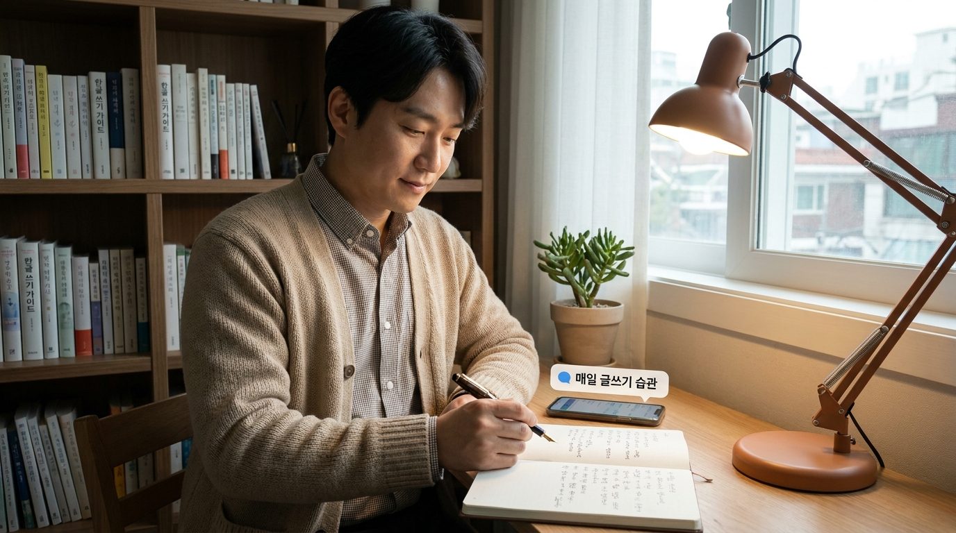 아늑한 집 공부방에서 한국 작가가 노트에 손글씨로 매일 쓰기 습관을 연습하는 모습